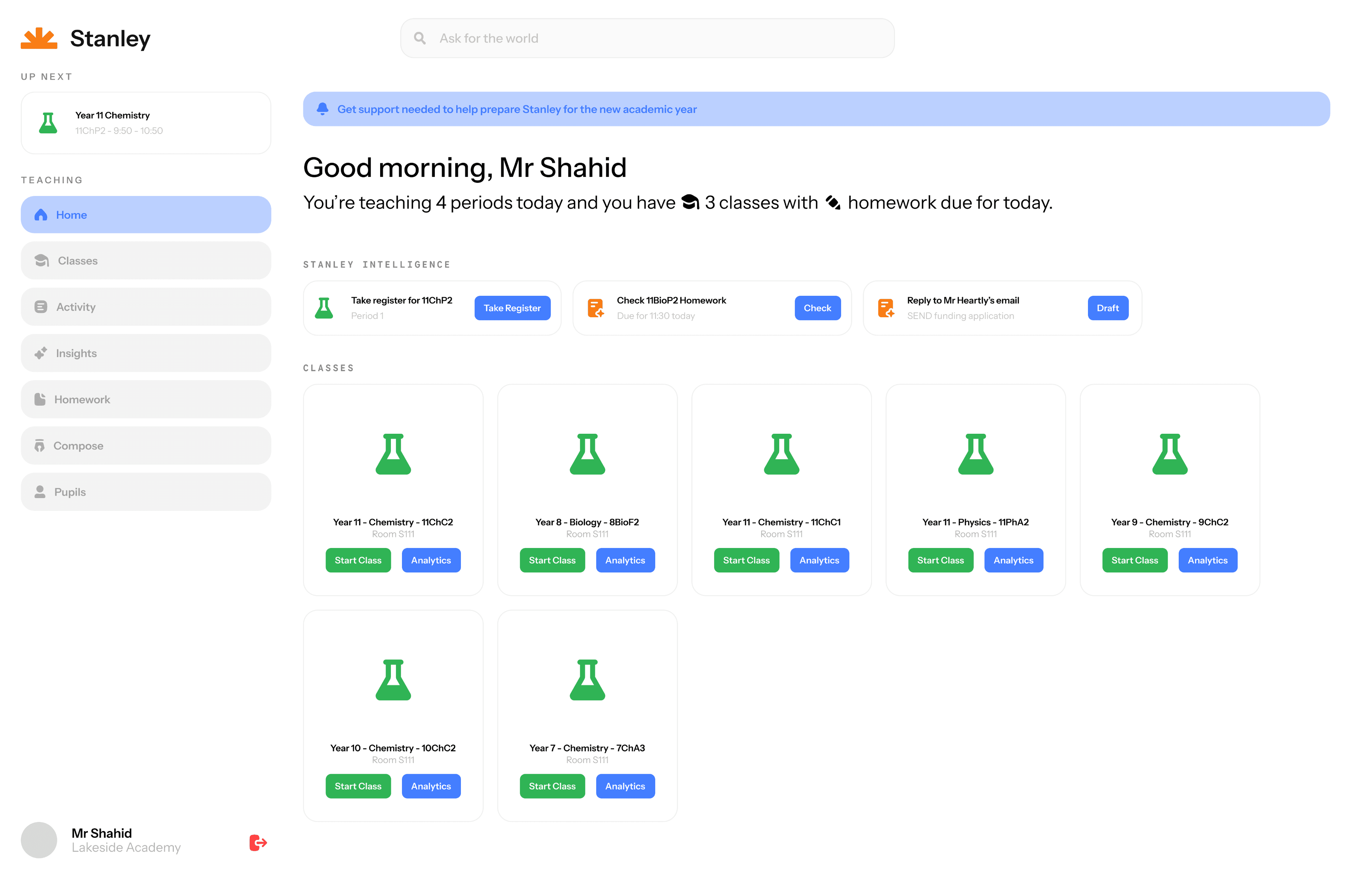 The Stanley dashboard, showing a teacher's day: up-next lesson, suggested actions from Stanley Intelligence, and their classes.